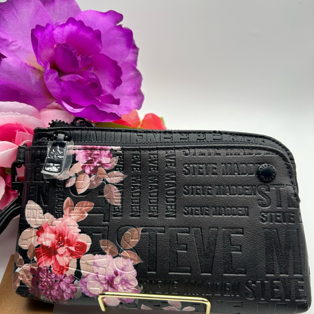 Steve Madden Black Double Zipper Wristlet/Wallet w/Floral Pattern NWT 5x8x1